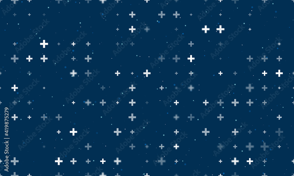 Seamless background pattern of evenly spaced white plus symbols of different sizes and opacity. Vector illustration on dark blue background with stars - obrazy, fototapety, plakaty 
