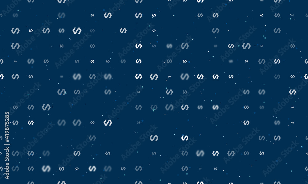 Seamless background pattern of evenly spaced white polymer symbols of different sizes and opacity. Vector illustration on dark blue background with stars