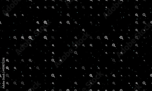Seamless background pattern of evenly spaced white zoom in symbols of different sizes and opacity. Vector illustration on black background with stars