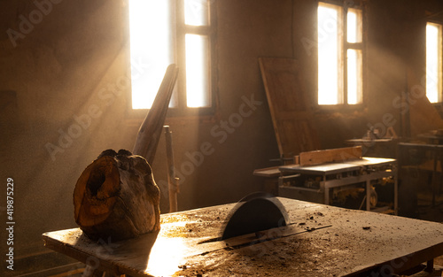 circular saw blade in an empty workshop ,wood cutting © Fukume