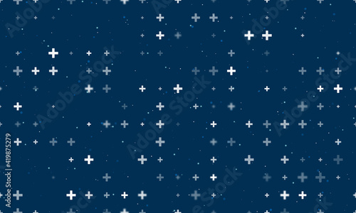 Seamless background pattern of evenly spaced white plus symbols of different sizes and opacity. Vector illustration on dark blue background with stars photo
