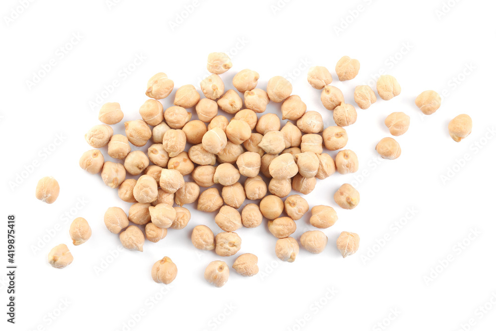 Pile of chickpeas on white background, top view. Natural food Pile of chickpeas on white background, top view. Natural food