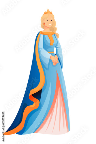 Medieval princess in dress and crown character. Royal woman in Middle Ages vector illustration. Historical person in costume with hands together isolated on white background