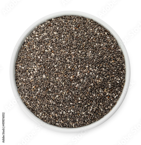 Chia seeds in bowl isolated on white, top view