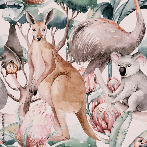 Watercolor australian cartoon kangaroo emu, koala and flying fox seamless pattern. Australian kangaroos set kids illustration. Nursery wallpaper art