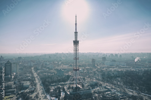 Telecommunication tower of 4G and 5G cellular. Base Station or Base Transceiver Station. Wireless Communication Antenna Transmitter. Telecommunication tower with antennas against sunrise.
