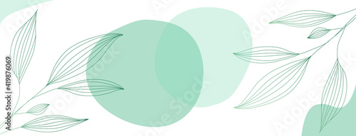 Minimalistic abstract background with green contour leaves located on the sides of the template