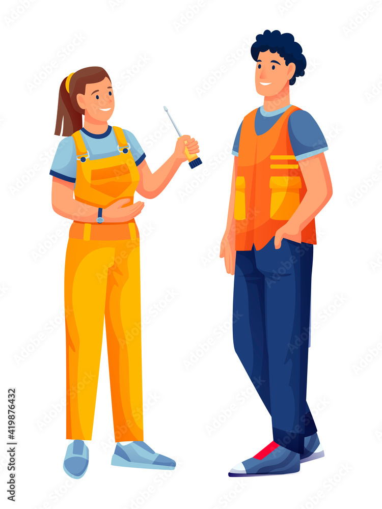 People in hardware shop. Woman assistant standing and talking to man vector illustration. Tools and materials store