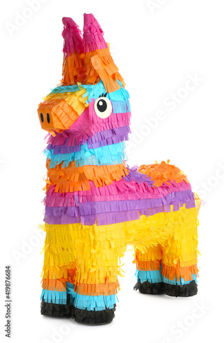 Bright colorful donkey pinata isolated on white photo