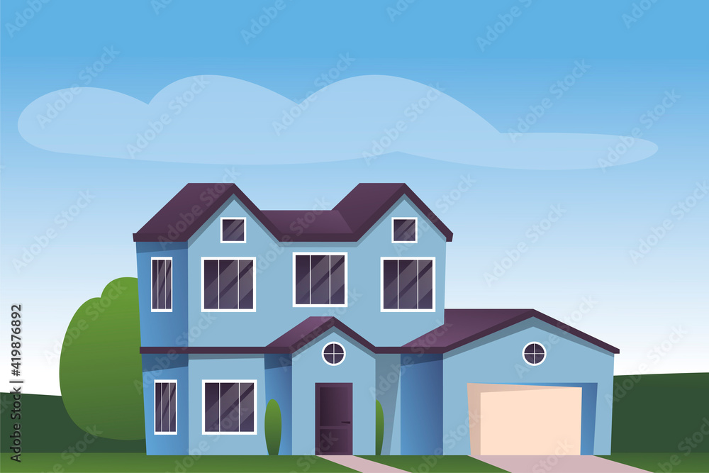 Suburban house background. Modern cartoon town building design vector  illustration. Cozy windows and door, driveway to garage, path to home.  Horizontal outdoor scene of villa Stock Vector | Adobe Stock