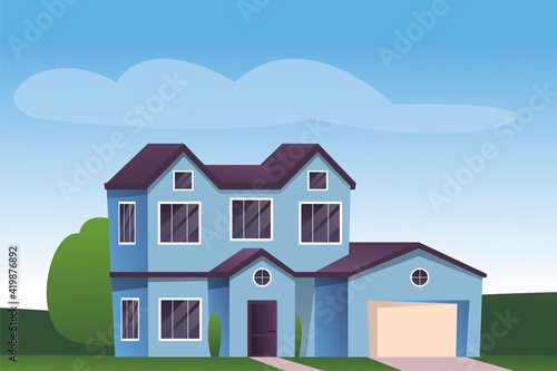 Suburban house background. Modern cartoon town building design vector illustration. Cozy windows and door, driveway to garage, path to home. Horizontal outdoor scene of villa