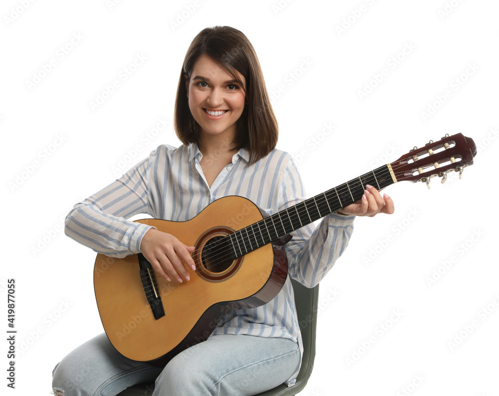 Music teacher playing guitar on white background Music teacher playing guitar on white background