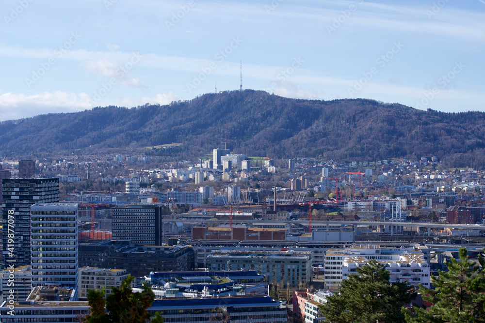 Panorama view over city of Zurich. Photo taken March 12th, 2021, Zurich, Switzerland.
