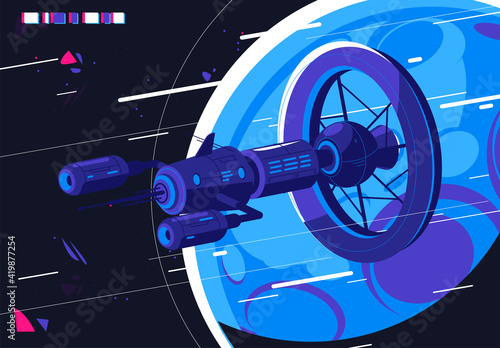 Vector illustration of a futuristic space station against the background of a planet and space, a fictional spaceship
