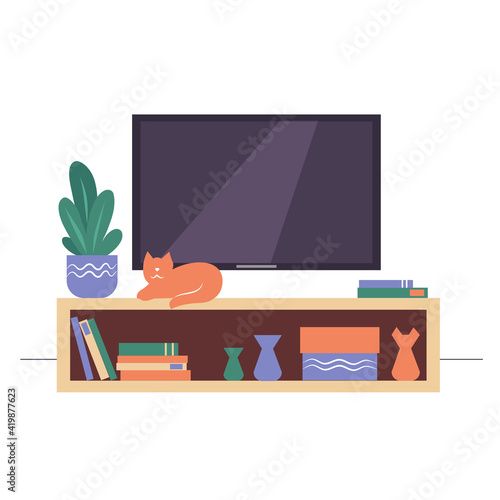 TV and a shelf with flowers, books, vases, and a cat. Living room in a flat style. Vector illustration.