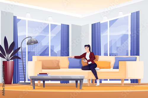 Girl relaxing in modern living room. Woman with phone sitting on sofa vector illustration. Interior design background for rest and recreation