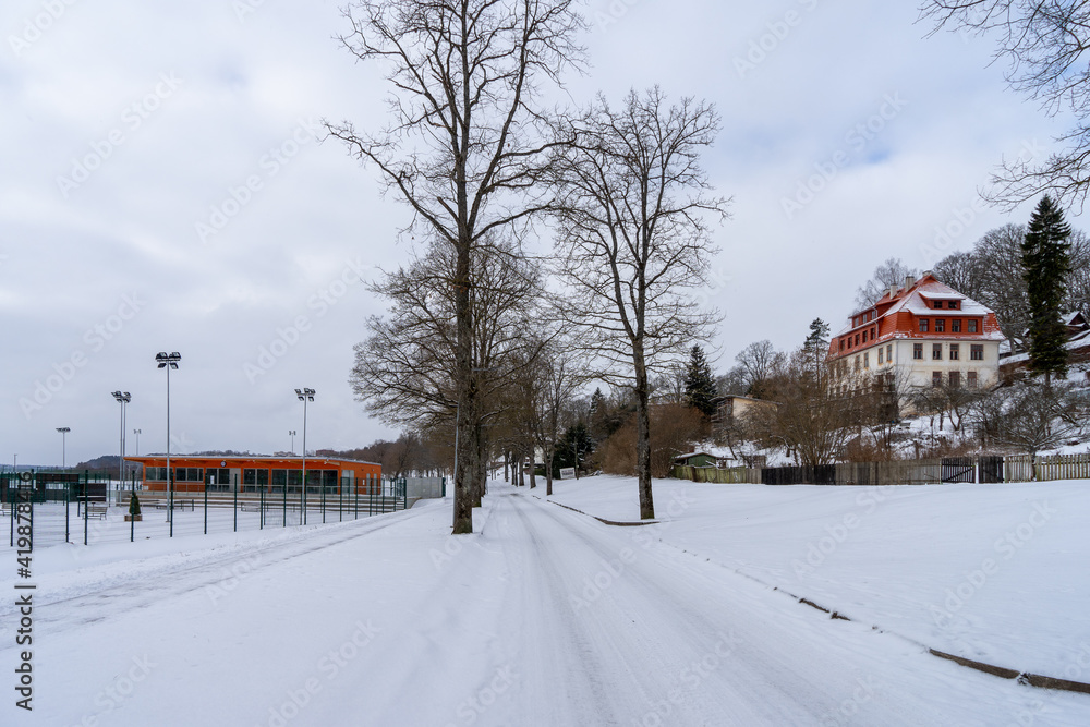Typical street in city Viljandi Estonia in winter time