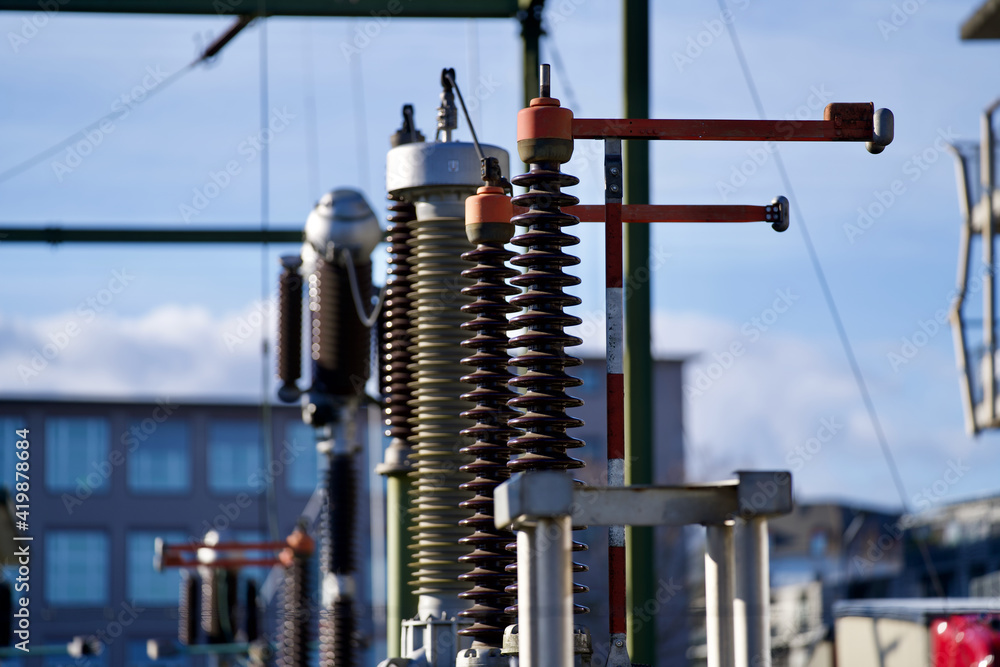 Fototapeta premium Close-up of transformers at industrial building of ABB company at Swiss City of Zürich. Photo taken March 12th, 2021, Zurich, Switzerland.