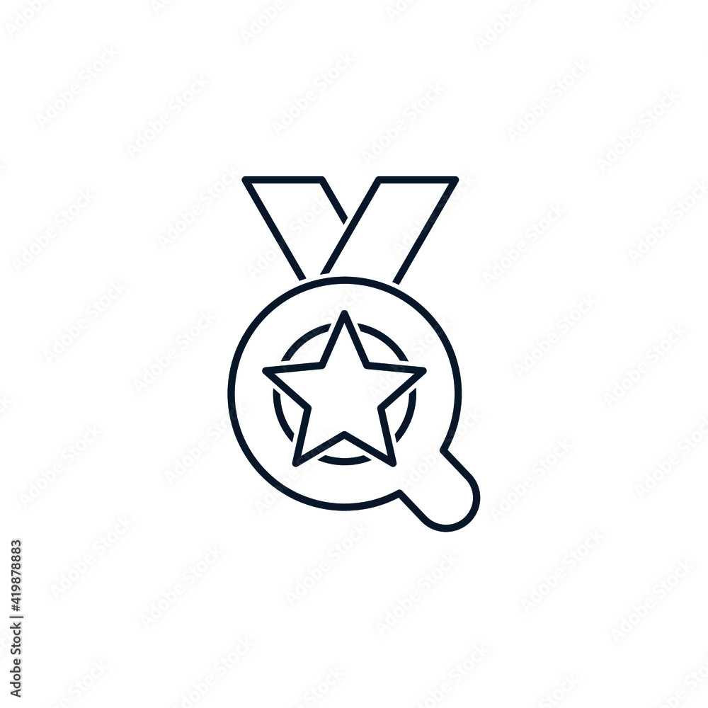 Magnifier, medal, star. The concept of the best search result, selection of the winner, research of the quality of the product. Vector icon isolated on white background. Magnifier, medal, star. The concept of the best search result, selection of the winner, research of the quality of the product. Vector icon isolated on white background.