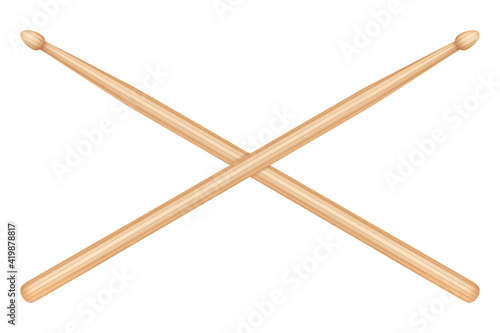 Wooden drum sticks. Musical instrument. 3d realistic, vector illustration, isolated on white background.