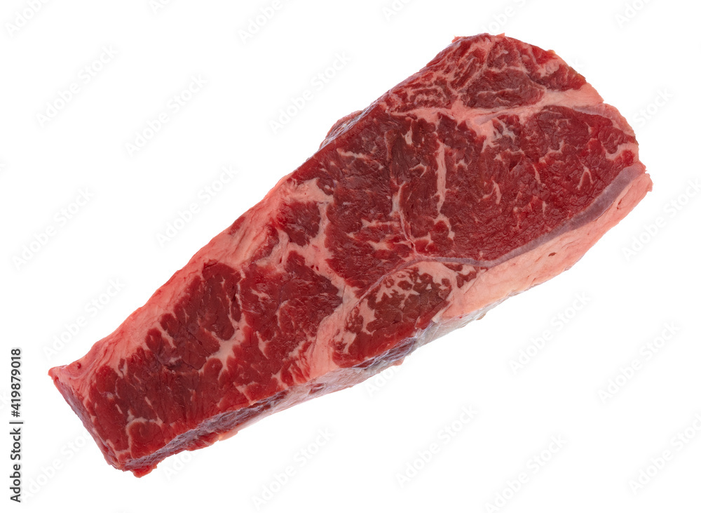 Overhead view of a raw beef loin boneless end cut strip steak isolated on a white background.