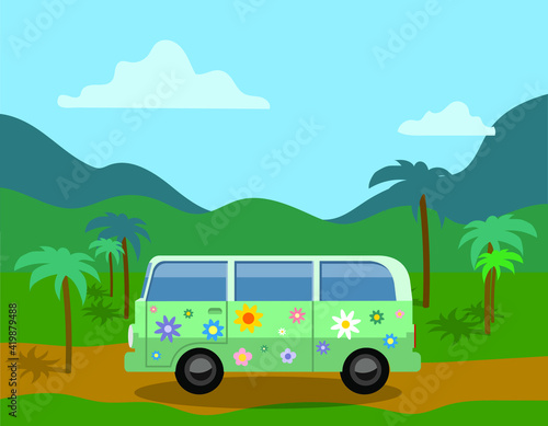 hippie van or bus in tropical nature background, vector illustration 
