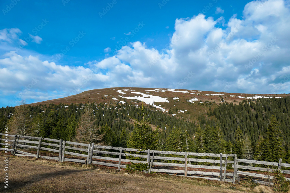 A panoramic view on an Alpine chain in Austria, partially covered with snow. The vast pasture has golden color. There is Ameringkogel in the back. A vast ski slope in spring. Blue sky and white clouds