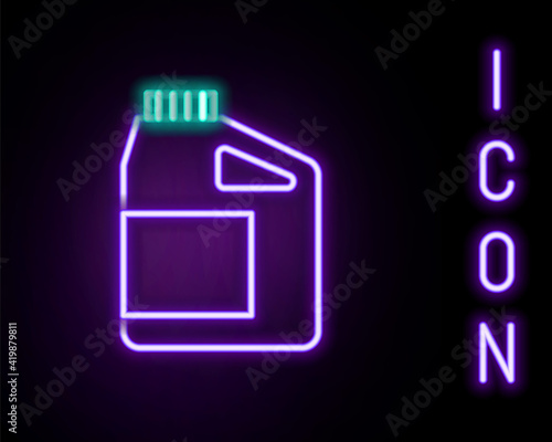 Glowing neon line Canister for motor machine oil icon isolated on black background. Oil gallon. Oil change service and repair. Engine oil sign. Colorful outline concept. Vector