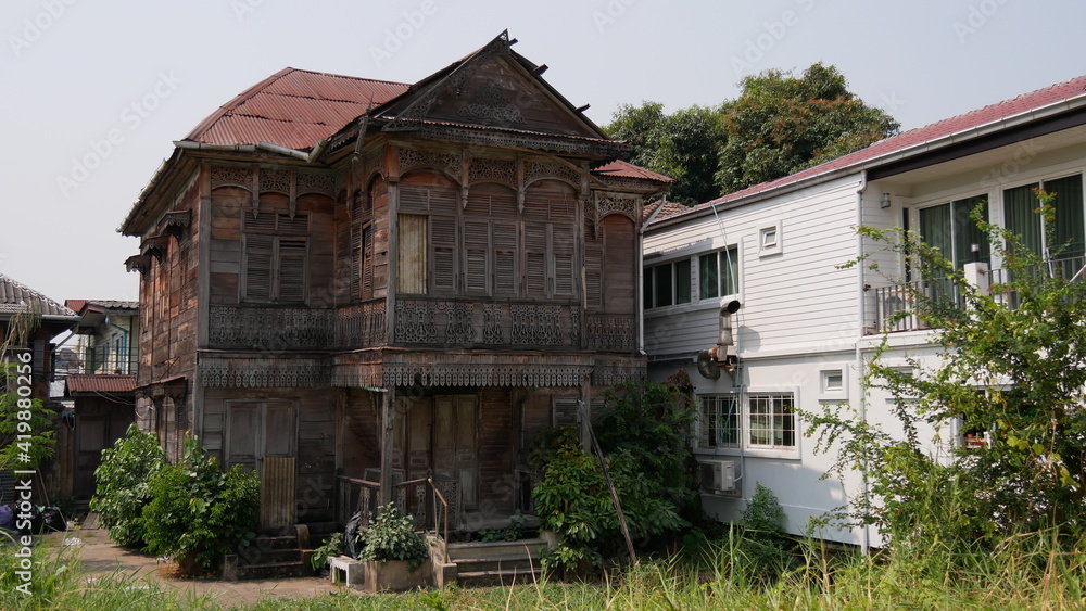 Abandoned old wooden house in Bangkok, Thailand. Thai style vintage house.