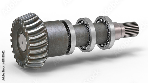 Canvas-taulu 3D rendering of a bevel gear with ball bearings on the shaft