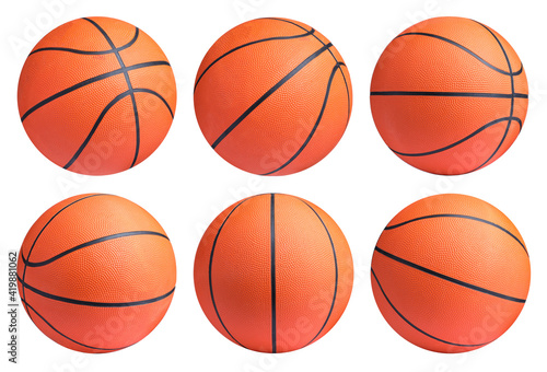 Set with bright basketball balls on white background