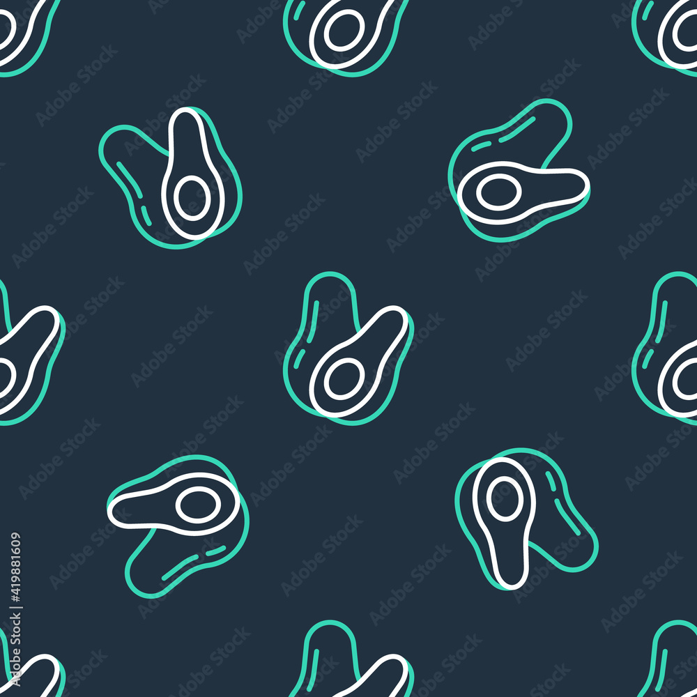 Fototapeta premium Line Avocado fruit icon isolated seamless pattern on black background. Vector
