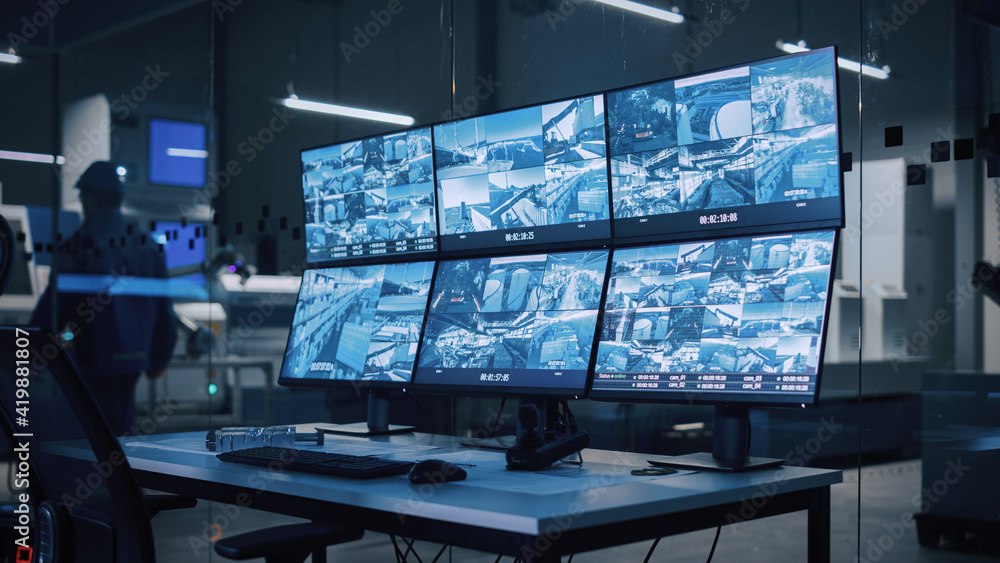 Industry 4.0 Modern Factory: Security Control Room with Multipoke Computer  Screens Showing Surveillance Camera Footage Feed. High-Tech Security Photos  | Adobe Stock