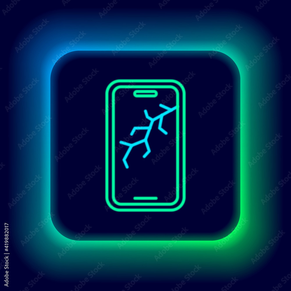 Glowing neon line Smartphone with broken screen icon isolated on black background. Shattered phone screen icon. Colorful outline concept. Vector
