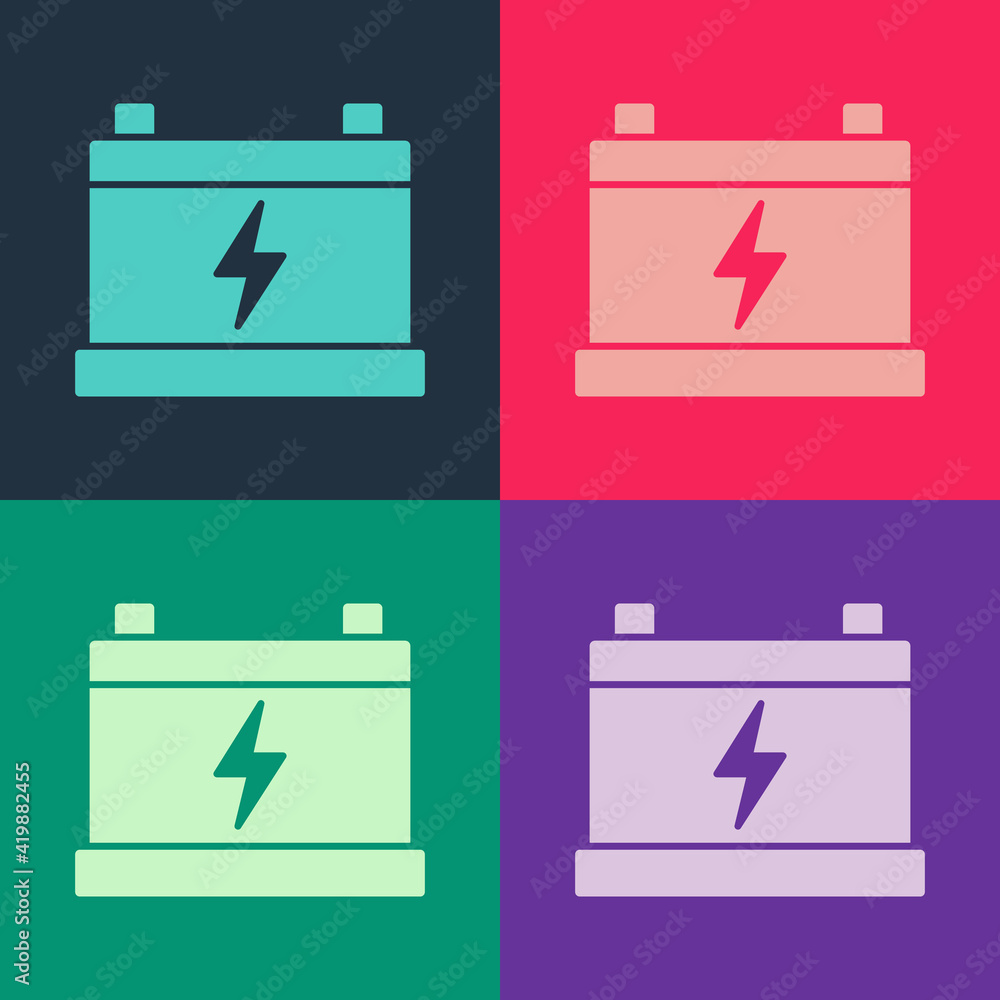 Pop art Car battery icon isolated on color background. Accumulator battery energy power and electricity accumulator battery. Vector Pop art Car battery icon isolated on color background. Accumulator battery energy power and electricity accumulator battery. Vector