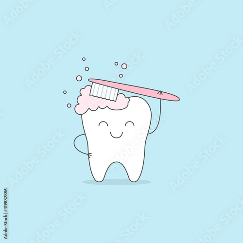 Tooth cleans toothpaste toothbrush cute cartoon character beautiful smile vector illustration.