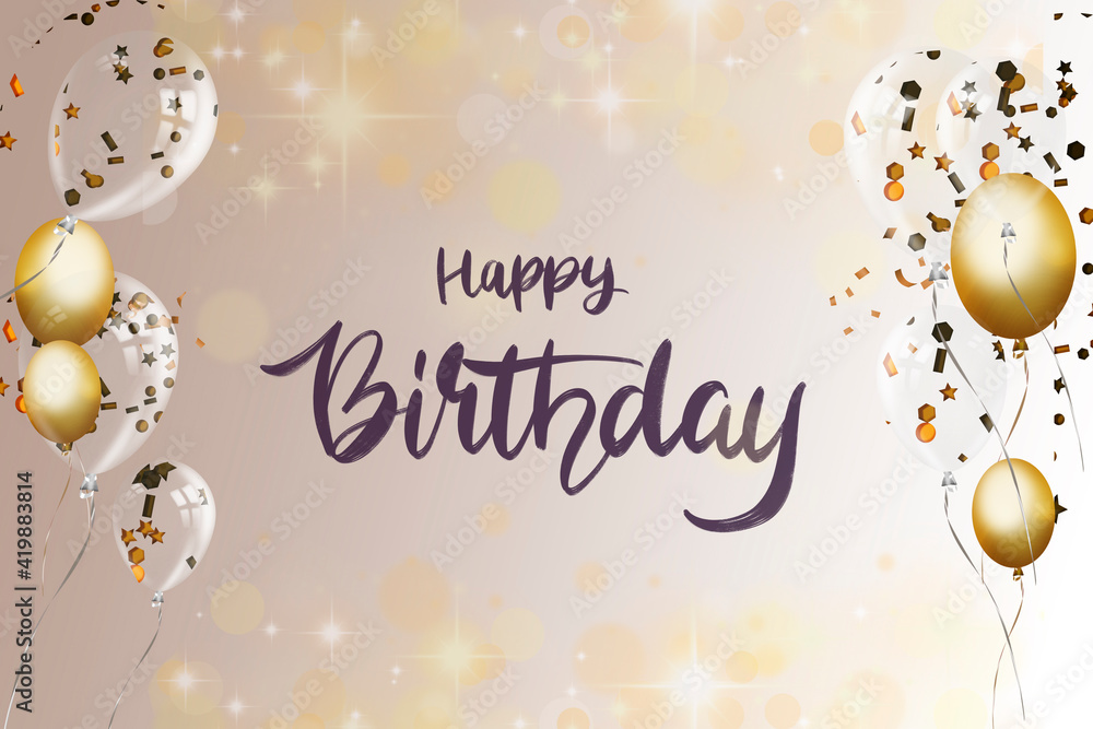 3D illustration with glossy metallic golden balloons and Happy Birthday  text over gradient bright background. Birthday background with balloons.  Stock Illustration | Adobe Stock