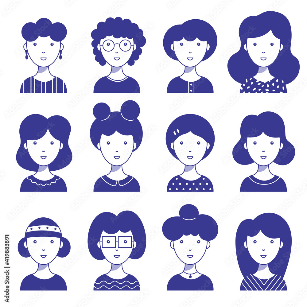 Set of female icon avatars for social networks and the web. Flat style vector illustration. Different faces on a white background. Set of female icon avatars for social networks and the web. Flat style vector illustration. Different faces on a white background.