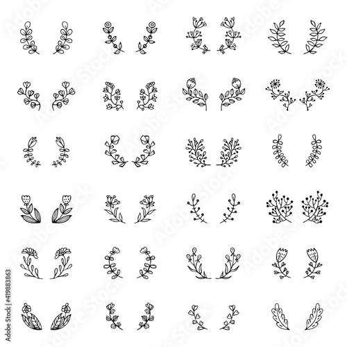 Set of doodles flowers, branches, leaves, herbs, plants.