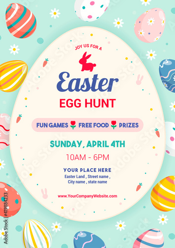 Easter egg hunt poster design vector illustration. vintage style of Easter egg frame on mint colour background
