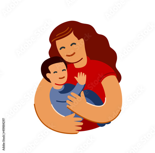 Mother loving hugs little baby. Mothers day, motherhood concept in flat style