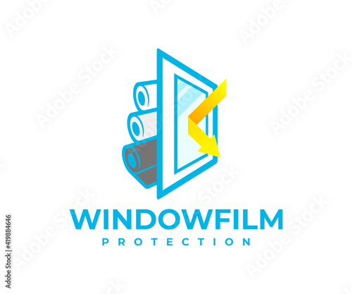 Protection window film from solar and shockproof, logo design. Safety, window, reflected sunbeam or sunlight and rolls with protective film, vector design and illustration