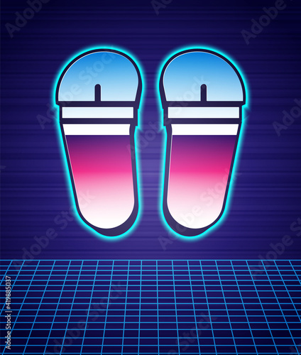 Retro style Flip flops icon isolated futuristic landscape background. Beach slippers sign. 80s fashion party. Vector