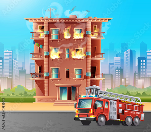 Vector cartoon style illustration of building on fire with fire brigade car in front to rescue. On city skyscrapers background.