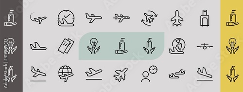 A simple set of airport related vector line icons. Contains badges such as departure, boarding, waiting time, boarding, find a place to travel tickets, and much more. Editable stroke. 48x48 pixels