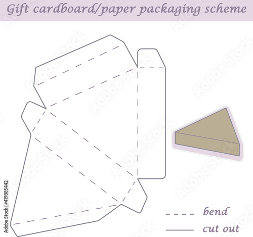 Triangle shaped printable packaging and wrapping scheme box for gifts, presents and events, convertible to different sizes, 3D, laser cut, craft art