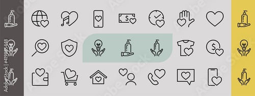 The set of icons about love contains such icons as love of music, declaration of love, heart, favorite home, Linear set. Vector on a white background. Editable stroke. 480x480
