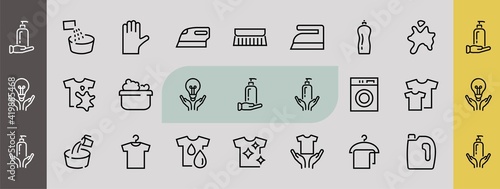 Simple set of washing related vector line Icons. Contains icons such as washing machine, powder, laundry, dirty t-shirt and much more. On a white background, editable stroke. 48x48 pixels perfect