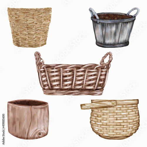Wooden And Straw Baskets And Pots. Easter Holidays

