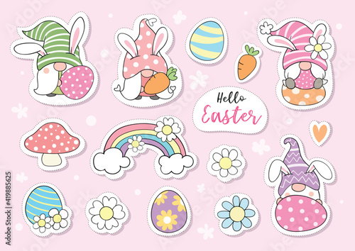 Draw collection stickers gnome for Easter and spring